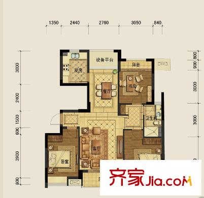 廣廈天都城爵士花園I戶型 3室2廳1衛(wèi)1廚