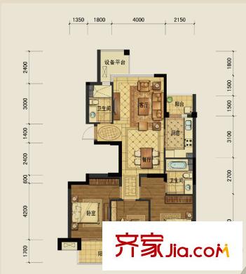 廣廈天都城爵士花園A2戶型 3室2廳2衛(wèi)1廚