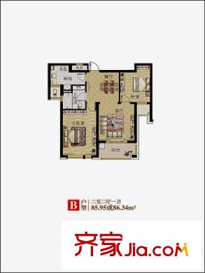 大美公寓b戶型 2室2廳1衛(wèi)1廚