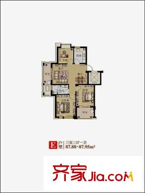 大美公寓e戶型 3室2廳1衛(wèi)1廚