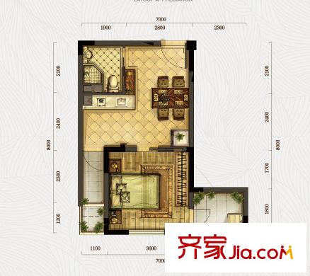 融科璦驪山A2戶型 1室1廳1衛(wèi)1廚