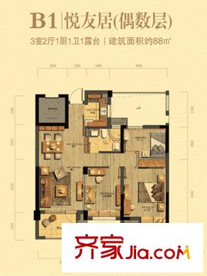 泊悅府B1戶型 3室2廳1衛(wèi)1廚