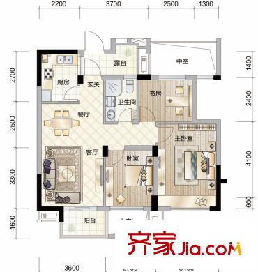 濱江萬家星城二期6幢中間套偶數(shù)層H2戶型 3室2廳1衛(wèi)1廚