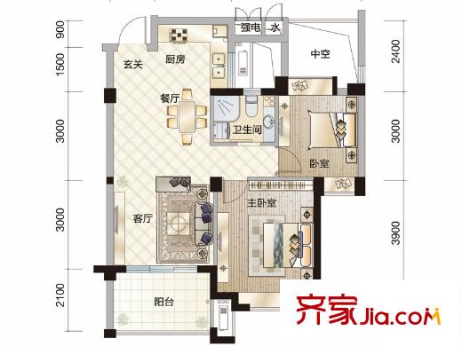 濱江萬家星城B戶型約80方 2室2廳1衛(wèi)1廚