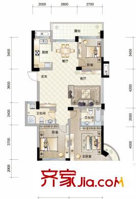 濱江萬家星城二期6幢東邊套奇數(shù)層M1戶型 3室2廳2衛(wèi)1廚