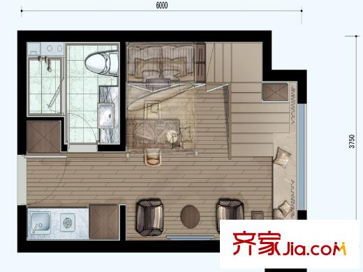 郡原藍湖國際2號樓30平方米戶型 1室1廳1衛(wèi)1廚