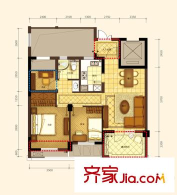 贊成檀府A4戶型偶數(shù)層 3室2廳1衛(wèi)1廚