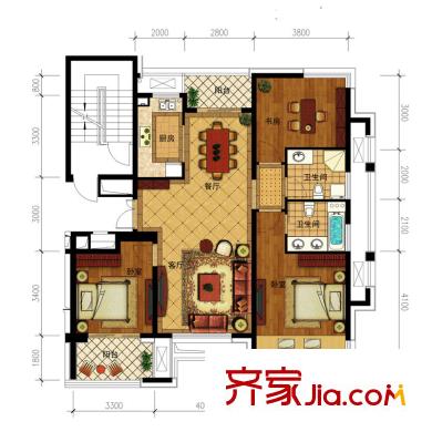 協(xié)安藍(lán)郡B1戶型偶數(shù)層 3室2廳2衛(wèi)1廚