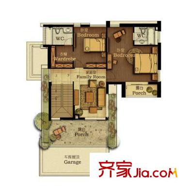 金都莫干山陽光田園B6戶型二樓 3室4廳4衛(wèi)1廚
