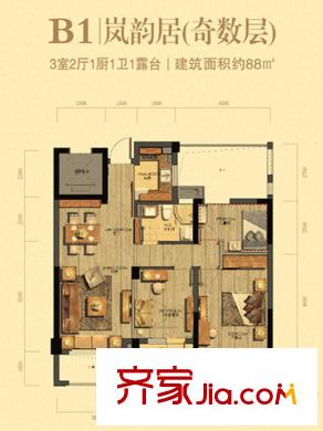 泊悅府B1戶型 3室2廳1衛(wèi)1廚