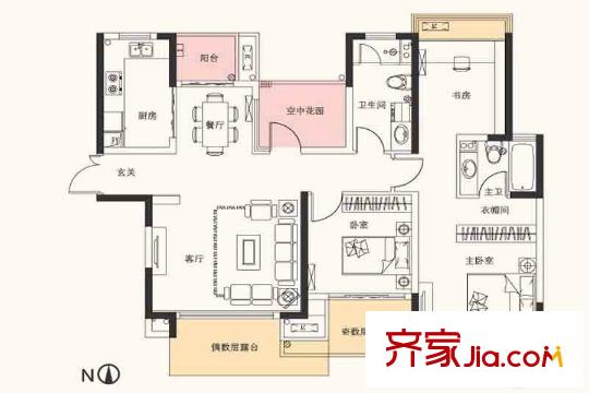 和達(dá)城7號(hào)樓C戶型130方 3室2廳2衛(wèi)1廚