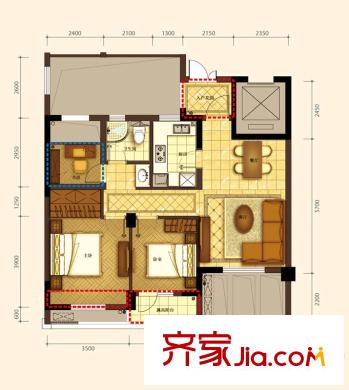 贊成檀府A4戶型奇數(shù)層 3室2廳1衛(wèi)1廚