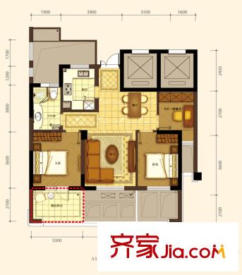 贊成檀府A3戶型奇數(shù)層 3室2廳1衛(wèi)1廚