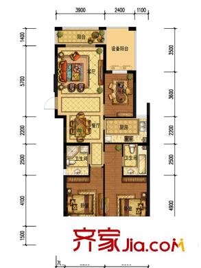 廣廈天都城紫韻公寓7#樓D7戶型 3室2廳2衛(wèi)1廚