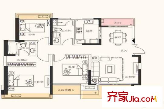 和達(dá)城7號(hào)樓B戶型114方 3室2廳2衛(wèi)1廚
