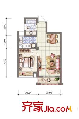 嘉凱城名城博園1K戶型 59方 1室2廳1衛(wèi)1廚