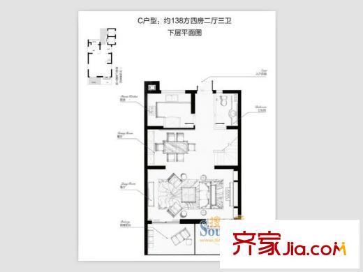 和達(dá)御觀邸138方C戶型下層 3室2廳3衛(wèi)1廚