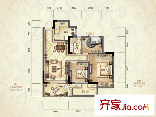 中和北宸府B1戶(hù)型（偶數(shù)層） 90.12方 3室2廳1衛(wèi)1廚