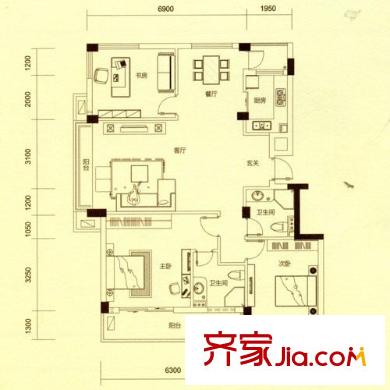 東廈東港花苑一期1、3號樓標準層邊套A戶型 3室2廳2衛(wèi)1廚