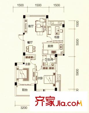 東廈東港花苑一期標準層E戶型 3室2廳2衛(wèi)1廚