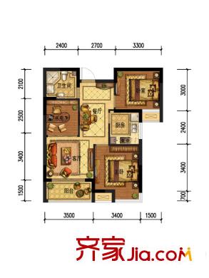 廣廈天都城紫韻公寓1#2#樓三室兩廳B1戶型 3室2廳1衛(wèi)1廚