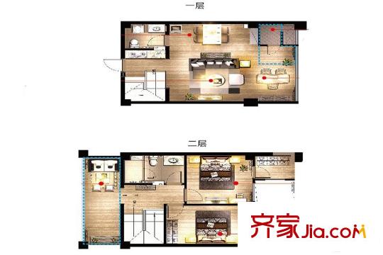 豪波西溪潤景43方B戶型3室2廳2衛(wèi) 3室2廳2衛(wèi)1廚