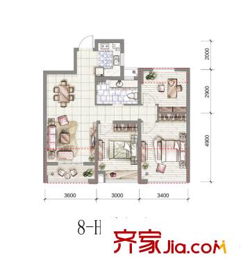 嘉凱城名城博園3H戶型 89方 3室2廳1衛(wèi)1廚