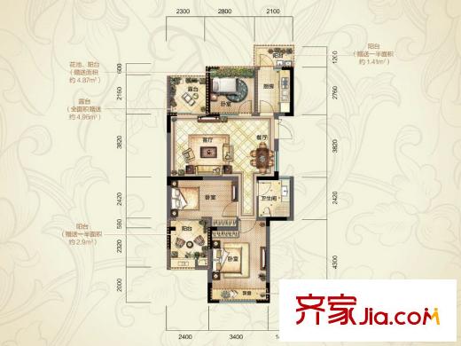 中和北宸府1#A1戶(hù)型（奇數(shù)層） 86.26方 3室2廳1衛(wèi)1廚