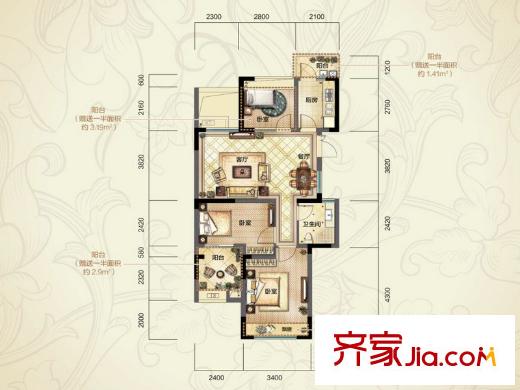 中和北宸府1#A1戶(hù)型（偶數(shù)層） 86方 3室2廳1衛(wèi)1廚