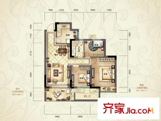 中和北宸府1#B1戶(hù)型（偶數(shù)層） 88.24方 3室2廳1衛(wèi)1廚