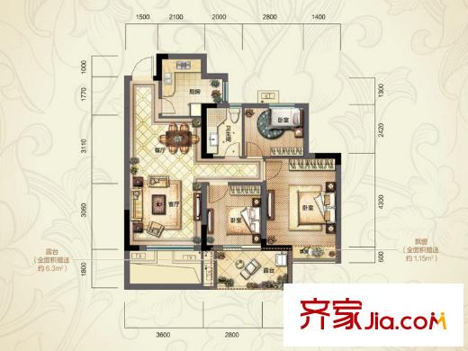 中和北宸府1#B1戶(hù)型（奇數(shù)層） 88.24方 3室2廳1衛(wèi)1廚