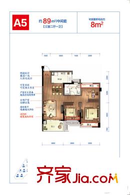 西溪海小海A5戶型89方 3室2廳1衛(wèi)1廚