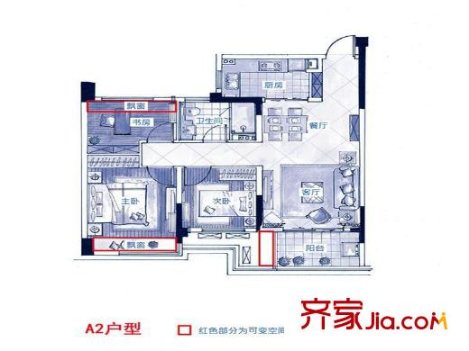 西溪海小海89平米A2戶型圖 2室1廳1衛(wèi)1廚
