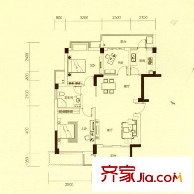 東廈東港花苑一期標準層D戶型 2室2廳1衛(wèi)1廚