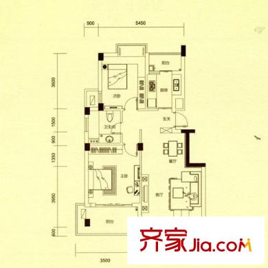 東廈東港花苑一期1-3號樓標準層中間套邊套B戶型 2室2廳1衛(wèi)1廚