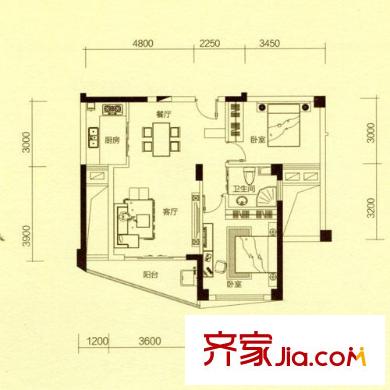東廈東港花苑D2戶型 2室2廳1衛(wèi)1廚