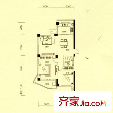 東廈東港花苑D3戶型 2室2廳1衛(wèi)1廚
