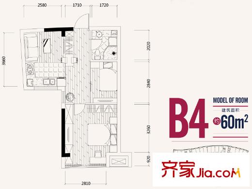 金沙國(guó)際B4戶型60方兩室一廳一廚一衛(wèi) 2室1廳1衛(wèi)1廚