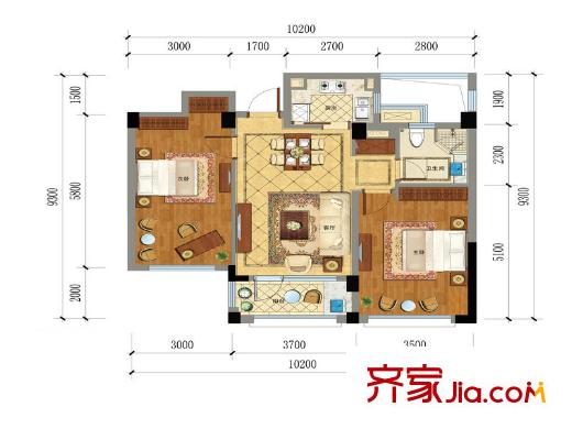綠城藍(lán)庭小日子A1戶型 2室2廳1衛(wèi)1廚