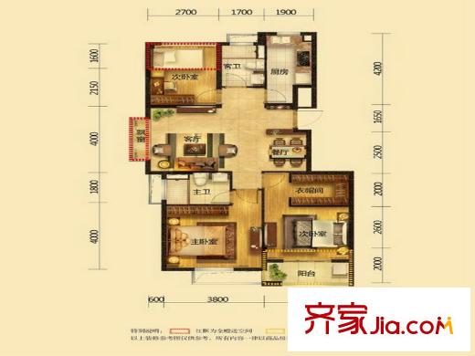 凱喜雅錦河灣B1戶型 3室2廳2衛(wèi)1廚