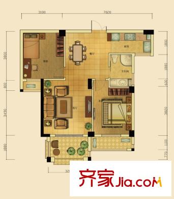 恒厚陽光城B6戶型 2室2廳1衛(wèi)1廚