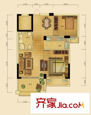 恒厚陽光城B2戶型 2室2廳1衛(wèi)1廚