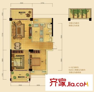 恒厚陽光城B3戶型 2室2廳1衛(wèi)1廚