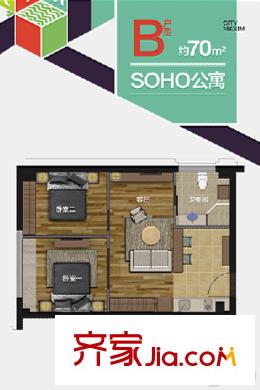 盛奧西溪銘座B戶型戶型圖 2室1廳1衛(wèi)1廚