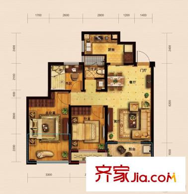 凱喜雅錦河灣C2戶型 3室2廳1衛(wèi)1廚