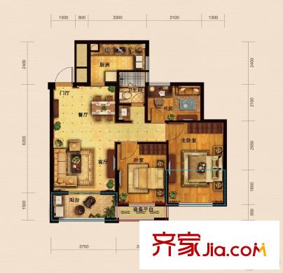 凱喜雅錦河灣C3戶型 3室2廳1衛(wèi)1廚