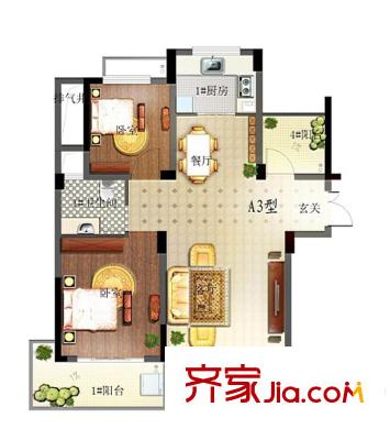 大都尚瀾A3戶型圖 2室2廳1衛(wèi)1廚