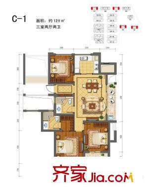綠城蓮園C-1戶型圖 3室2廳2衛(wèi)