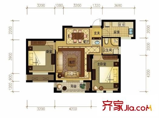 金世紀(jì)運(yùn)河麗園A1戶型 2室2廳1衛(wèi)1廚