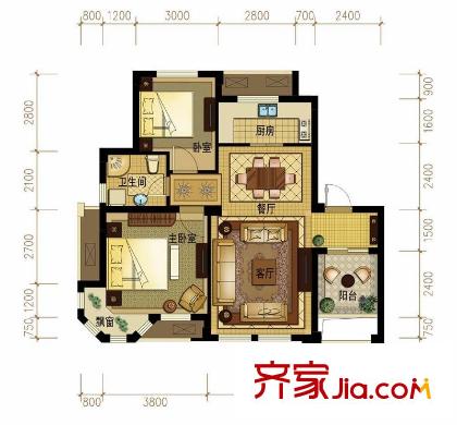金世紀(jì)運(yùn)河麗園A2戶型 2室2廳1衛(wèi)1廚